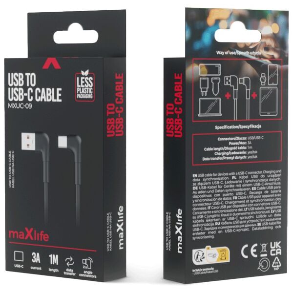 Maxlife MXUC-09 angle cable USB - USB-C 1,0 m 3A black