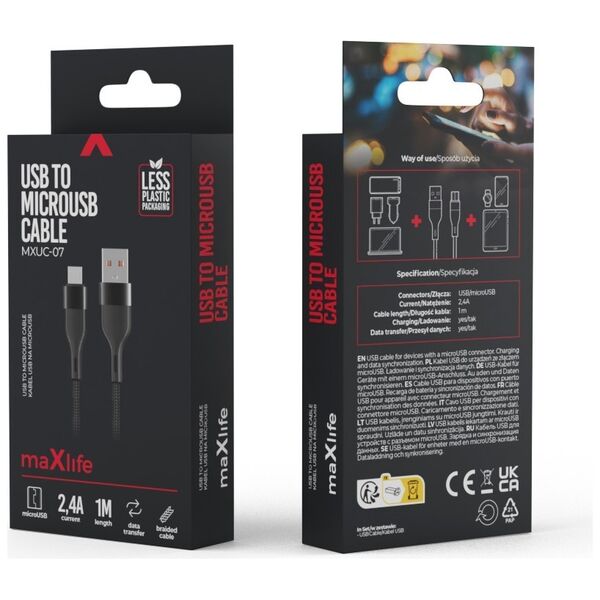 Maxlife MXUC-07 cable USB - microUSB 1,0 m 2,4A black nylon