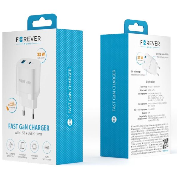 Forever TC-05 GaN PD QC charger 1x USB-C 1x USB 33W white