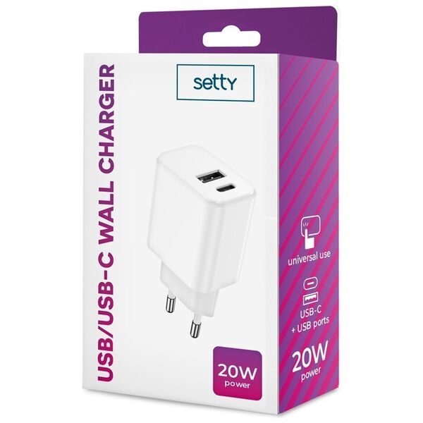 Setty charger 1x USB + USB-C 3A 20W white