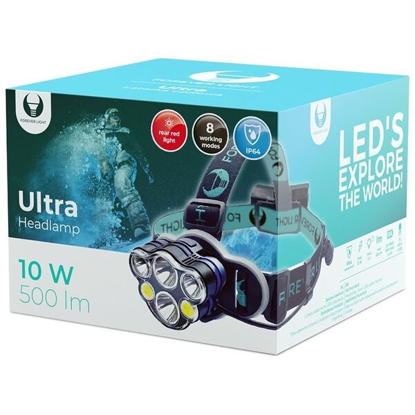 LED Headlamp Ultra T6 2x 10W + XP-E 2x 3W 500lm 2x 18650 1200mAh Li-Ion Forever Light