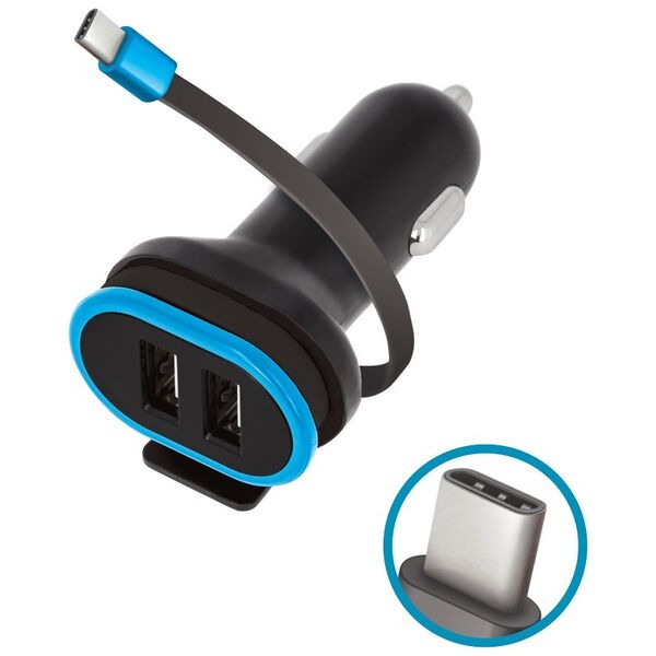 Forever CC-02 car charger 2x USB 3A black with USB-C cable 0,2 m 5900495647146