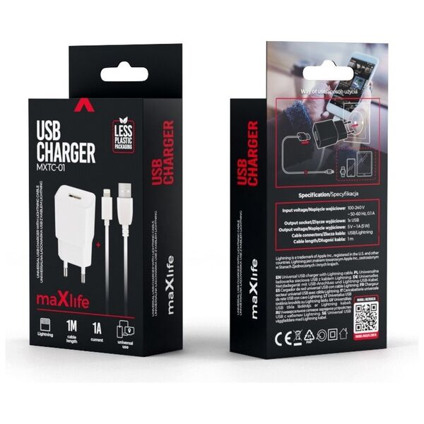 Maxlife MXTC-01 charger 1x USB 1A white + Lightning cable 5900495758484