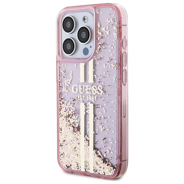 Guess case for iPhone 15 Pro 6,1&quot; GUHCP15LLFCSEGP pink HC LIQ. GLITTER GOLD STRIPES 3666339223687