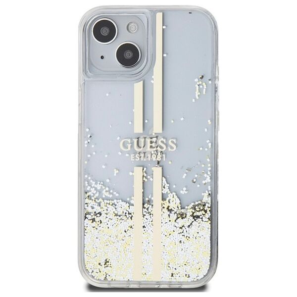 Guess case for iPhone 15 Plus 6,7&quot; GUHCP15MLFCSEGT transparent HC LIQ. GLITTER GOLD STRIPES 3666339223953