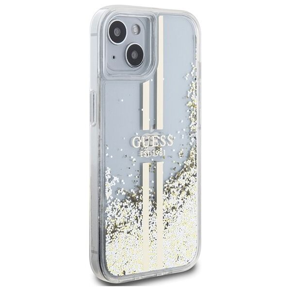 Guess case for iPhone 15 Plus 6,7&quot; GUHCP15MLFCSEGT transparent HC LIQ. GLITTER GOLD STRIPES 3666339223953