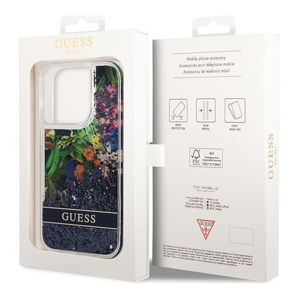 Guess case for iPhone 14 Pro Max 6,7&quot; GUHCP14XLFLSB blue hardcase Flower Liquid Glitter 3666339066116