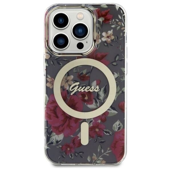 Guess case for iPhone 14 Pro 6,1&quot; GUHMP14LHCFWSA khaki hardcase Magsafe IML Flower 3666339115616