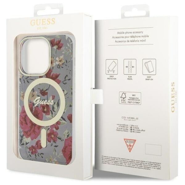 Guess case for iPhone 14 Pro 6,1&quot; GUHMP14LHCFWSA khaki hardcase Magsafe IML Flower 3666339115616