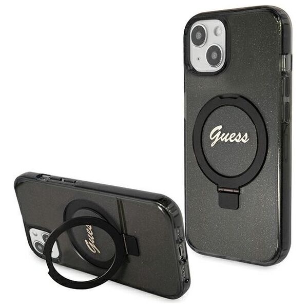 Guess case for iPhone 15 Plus 6,7&quot; GUHMP15MHRSGSK black HC RING STAND MAGSAFE SCRIPT LOGO GLITTER 3666339156336