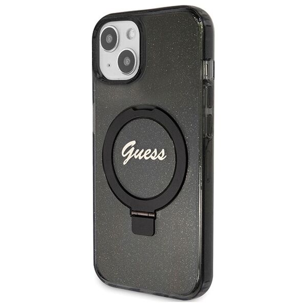 Guess case for iPhone 15 Plus 6,7&quot; GUHMP15MHRSGSK black HC RING STAND MAGSAFE SCRIPT LOGO GLITTER 3666339156336