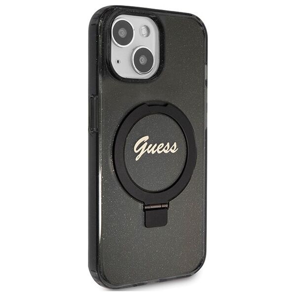 Guess case for iPhone 15 Plus 6,7&quot; GUHMP15MHRSGSK black HC RING STAND MAGSAFE SCRIPT LOGO GLITTER 3666339156336
