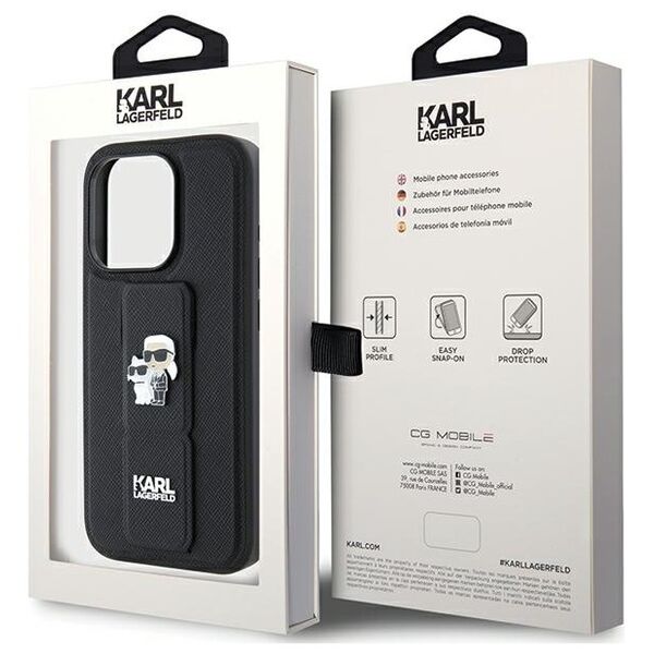 Karl Lagerfeld case for iPhone 15 Pro 6,1&quot; KLHCP15LGSAKCPK black HC GRIPSTAND SAFFIANO KC PINS 3666339206895