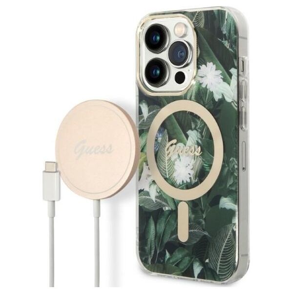 Guess set case + charger for iPhone 14 Pro Max 6,7&quot; GUBPP14XHJEACSA green hard case Jungle MagSafe 3666339103286