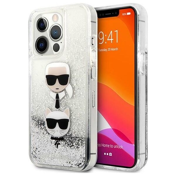 Karl Lagerfeld case for iPhone 13 Mini 5,4&quot; KLHCP13SKICGLS silver hard case Liquid Glitter Karl&Choupette Head 3666339028893