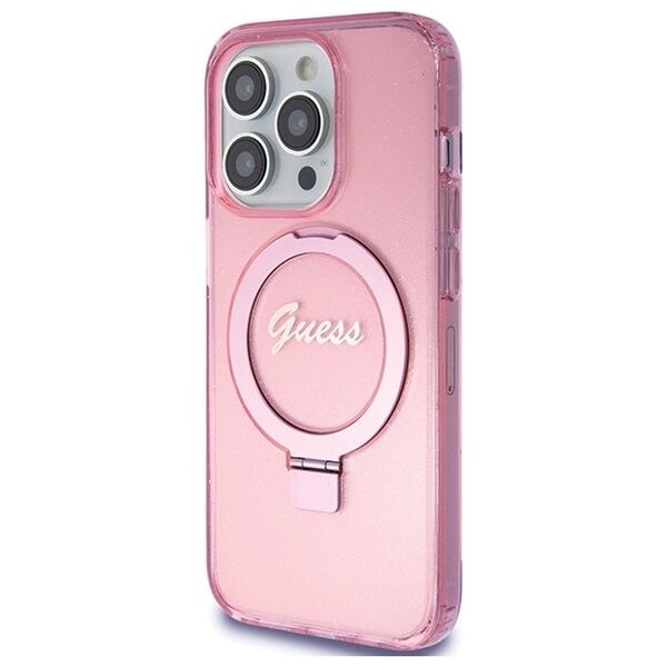 Guess case for iPhone 15 Pro 6,1&quot; GUHMP15LHRSGSP pink HC RING STAND MAGSAFE SCRIPT LOGO GLITTER 3666339156480