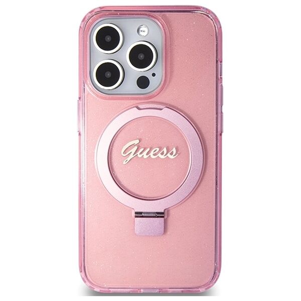 Guess case for iPhone 15 Pro 6,1&quot; GUHMP15LHRSGSP pink HC RING STAND MAGSAFE SCRIPT LOGO GLITTER 3666339156480