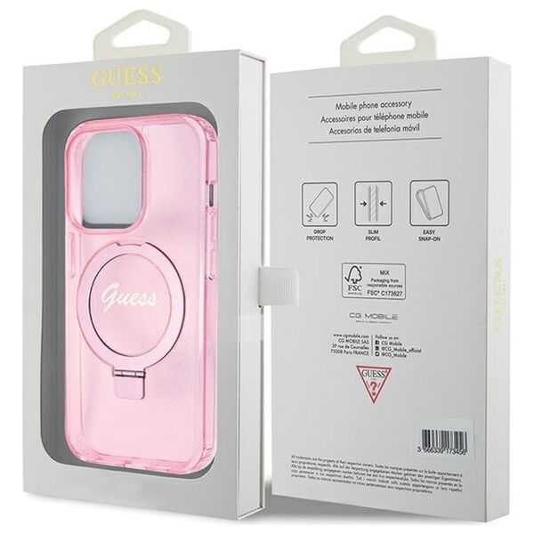 Guess case for iPhone 15 Pro 6,1&quot; GUHMP15LHRSGSP pink HC RING STAND MAGSAFE SCRIPT LOGO GLITTER 3666339156480