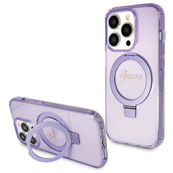 Guess case for iPhone 15 Pro 6,1&quot; GUHMP15LHRSGSU purple HC RING STAND MAGSAFE SCRIPT LOGO GLITTER 3666339156763
