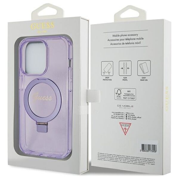 Guess case for iPhone 15 Pro 6,1&quot; GUHMP15LHRSGSU purple HC RING STAND MAGSAFE SCRIPT LOGO GLITTER 3666339156763