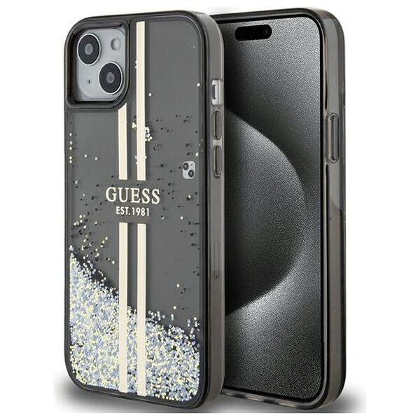 Guess case for iPhone 15 6,1&quot; GUHCP15SLFCSEGK black HC LIQ. GLITTER GOLD STRIPES 3666339223526