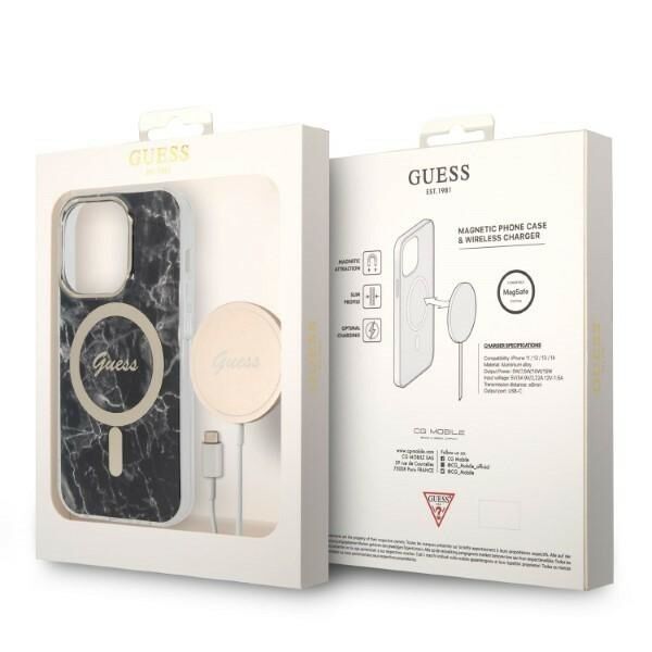 Guess set case + charger for iPhone 14 Pro 6,1&quot; GUBPP14LHMEACSK black hard case Marble MagSafe 3666339103132