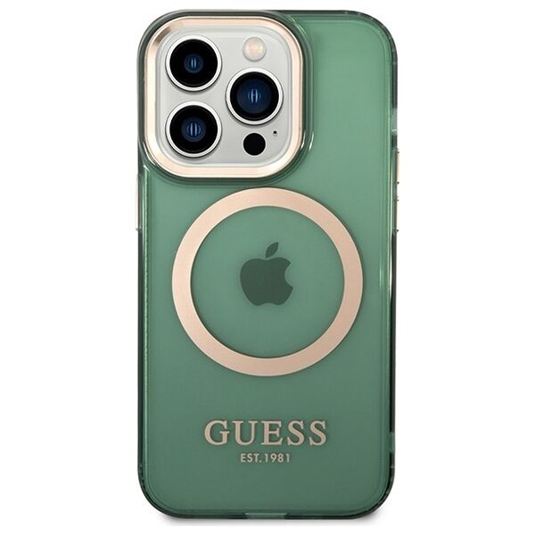 Guess case for iPhone 14 Pro Max 6,7&quot; GUHMP14XHTCMA khaki hard case Gold Outline Translucent MagSafe 3666339069650