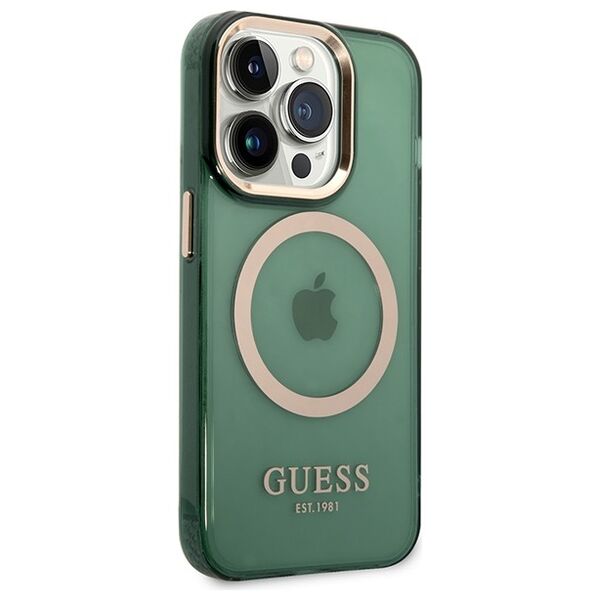 Guess case for iPhone 14 Pro Max 6,7&quot; GUHMP14XHTCMA khaki hard case Gold Outline Translucent MagSafe 3666339069650