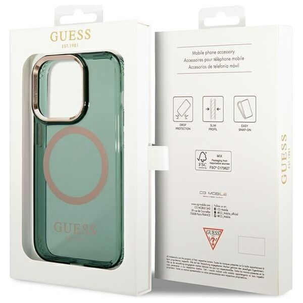 Guess case for iPhone 14 Pro Max 6,7&quot; GUHMP14XHTCMA khaki hard case Gold Outline Translucent MagSafe 3666339069650