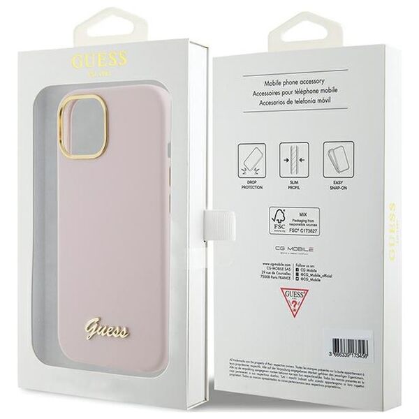 Guess case for iPhone 15 6.1&quot; GUHCP15SSMBSLP pink hardcase Silicone Script Metal Logo & Frame 3666339149185