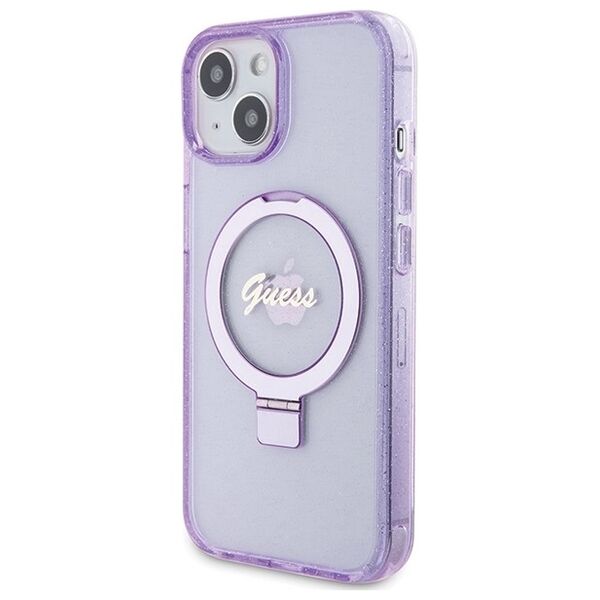 Guess case for iPhone 15 Plus 6,7&quot; GUHMP15MHRSGSU purple HC RING STAND MAGSAFE SCRIPT LOGO GLITTER 3666339156756