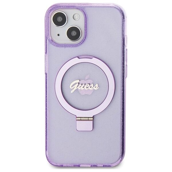 Guess case for iPhone 15 Plus 6,7&quot; GUHMP15MHRSGSU purple HC RING STAND MAGSAFE SCRIPT LOGO GLITTER 3666339156756