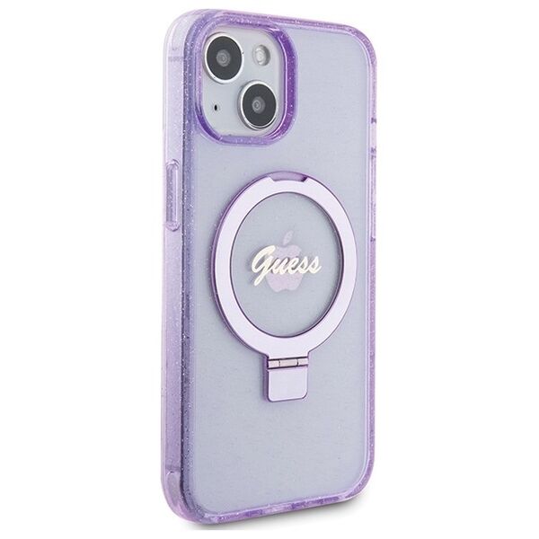 Guess case for iPhone 15 Plus 6,7&quot; GUHMP15MHRSGSU purple HC RING STAND MAGSAFE SCRIPT LOGO GLITTER 3666339156756