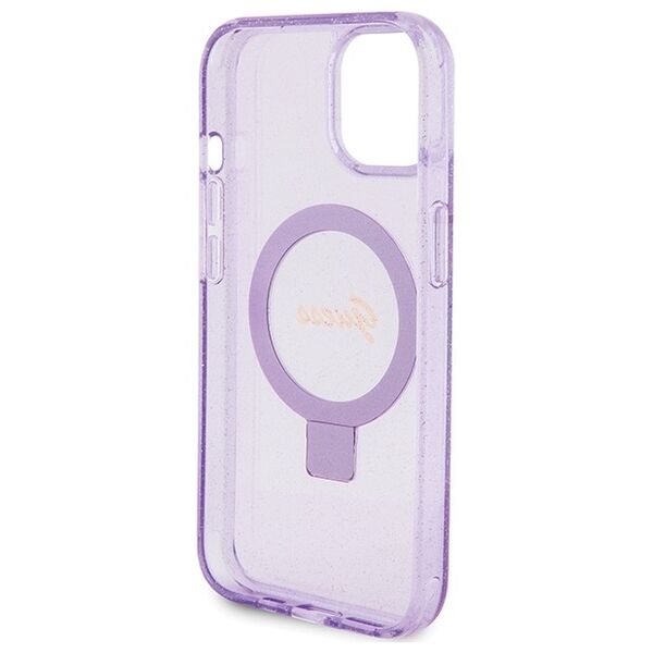 Guess case for iPhone 15 Plus 6,7&quot; GUHMP15MHRSGSU purple HC RING STAND MAGSAFE SCRIPT LOGO GLITTER 3666339156756