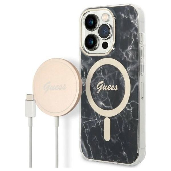 Guess set case + charger for iPhone 14 Pro 6,1&quot; GUBPP14LHMEACSK black hard case Marble MagSafe 3666339103132
