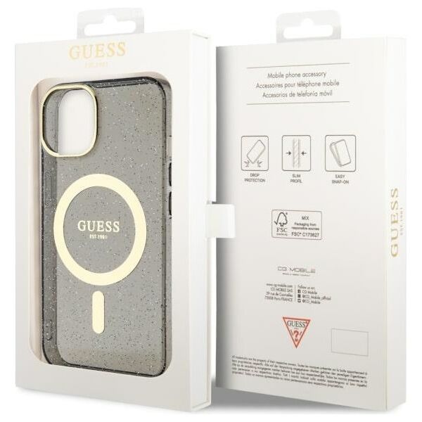 Guess case for iPhone 14 Plus 6,7&quot; GUHMP14MHCMCGK black hardcase Magsafe IML Glitter Gold 3666339125578