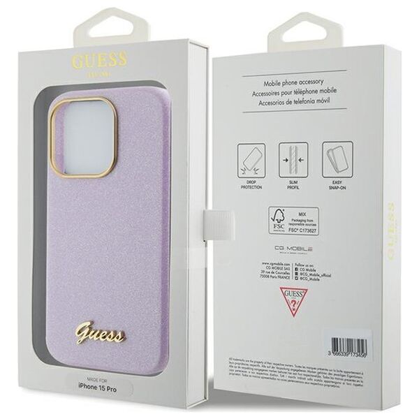 Guess case for iPhone 15 Pro 6.1&quot; GUHCP15LPGMCSL lilac hardcase Glitter Glossy Script 3666339155360