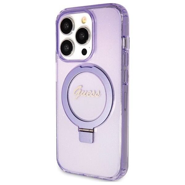 Guess case for iPhone 15 Pro Max 6,7&quot; GUHMP15XHRSGSU purple HC RING STAND MAGSAFE SCRIPT LOGO GLITTER 3666339156770