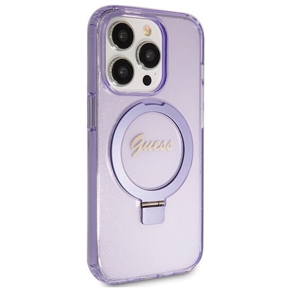 Guess case for iPhone 15 Pro Max 6,7&quot; GUHMP15XHRSGSU purple HC RING STAND MAGSAFE SCRIPT LOGO GLITTER 3666339156770