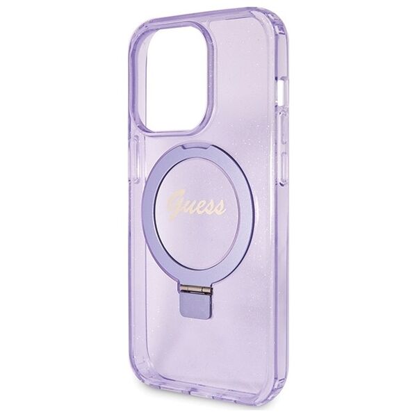 Guess case for iPhone 15 Pro Max 6,7&quot; GUHMP15XHRSGSU purple HC RING STAND MAGSAFE SCRIPT LOGO GLITTER 3666339156770