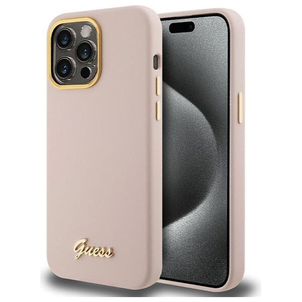 Guess case for iPhone 15 Pro Max 6,7&quot; GUHCP15XSMBSLP pink HC SILICONE SCRIPT METAL LOGO & FRAME 3666339149215