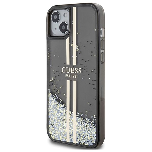 Guess case for iPhone 15 Plus 6,7&quot; GUHCP15MLFCSEGK black HC LIQ. GLITTER GOLD STRIPES 3666339223533
