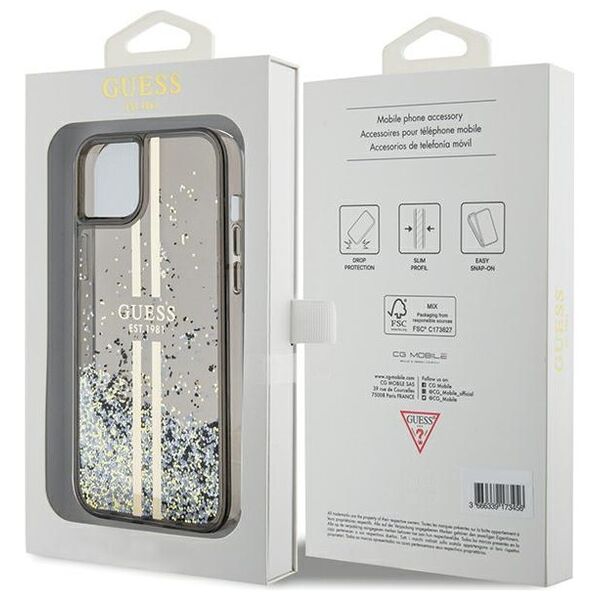 Guess case for iPhone 15 Plus 6,7&quot; GUHCP15MLFCSEGK black HC LIQ. GLITTER GOLD STRIPES 3666339223533
