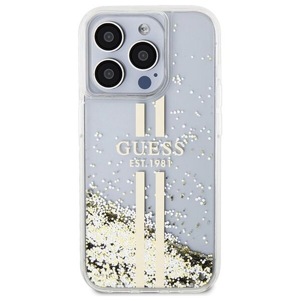 Guess case for iPhone 15 Pro 6,1&quot; GUHCP15LLFCSEGT transparent HC LIQ. GLITTER GOLD STRIPES 3666339223960