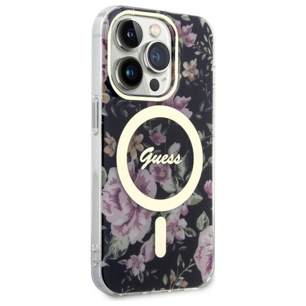 Guess case for iPhone 14 Pro 6,1&quot; GUHMP14LHCFWSK black hardcase Magsafe IML Flower 3666339115531