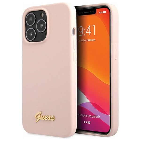 Guess case for iPhone 13 Pro Max 6,7&quot; GUHCP13XLSLMGLP pink hard case Liquid Silicone Script Gold Metal Logo 3666339033385