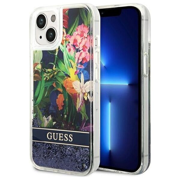 Guess case for iPhone 14 6,1&quot; GUHCP14SLFLSB blue hardcase Flower Liquid Glitter 3666339066086