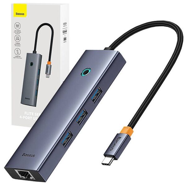 USB hub Baseus UltraJoy, 5 Port, Type-C to 3xUSB 3.0, RJ45, PD, Gray - 12071 έως 12 άτοκες Δόσεις