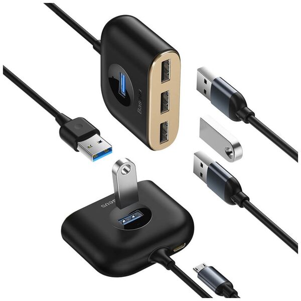 USB hub Baseus Square round, 4 Port, 3xUSB 2.0, 1xUSB 3.0, 1.0m, Black - 12077 έως 12 άτοκες Δόσεις