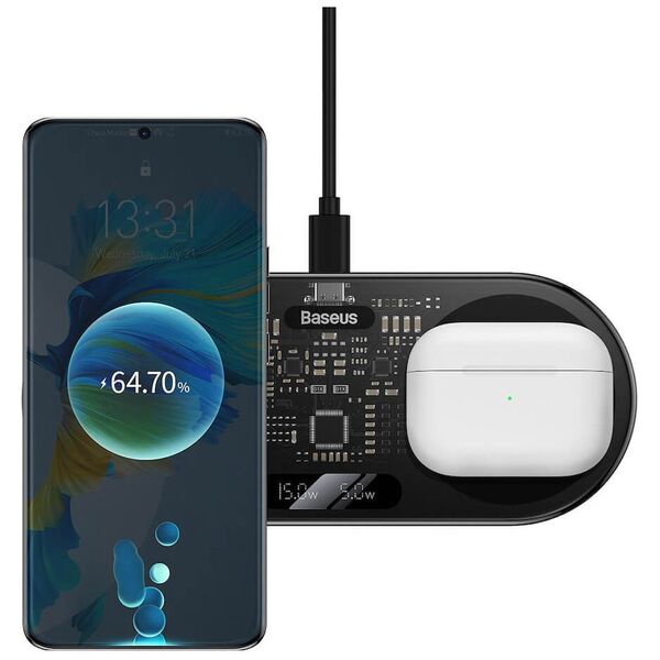 Wireless Charger Baseus Digital LED, 2in1, Qi, 20W, Black - 40384 έως 12 άτοκες Δόσεις